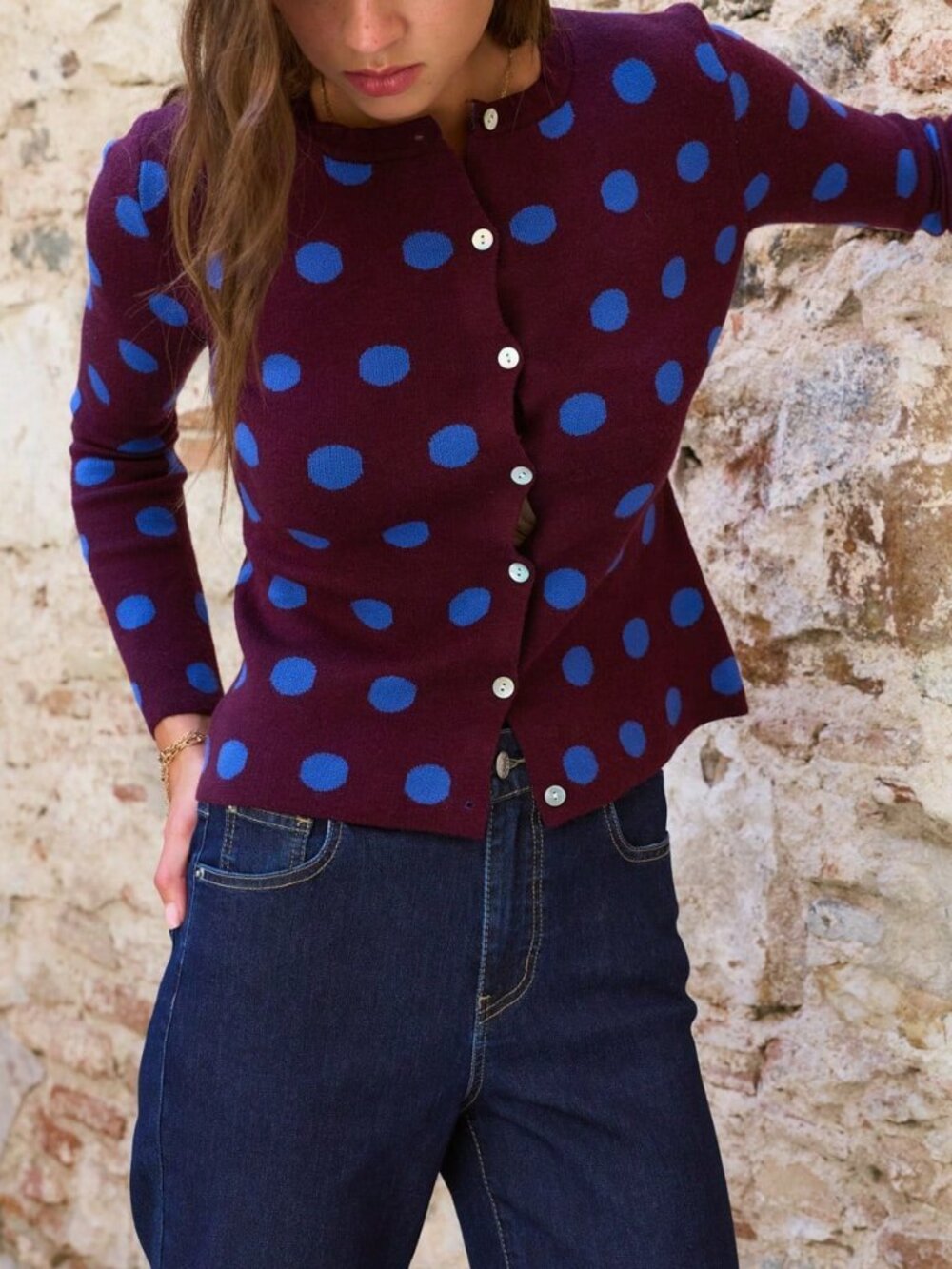 Multicolor Casual Women's Polka Dot Button Front Pocket Knit Cardigan - Picture 7 of 8